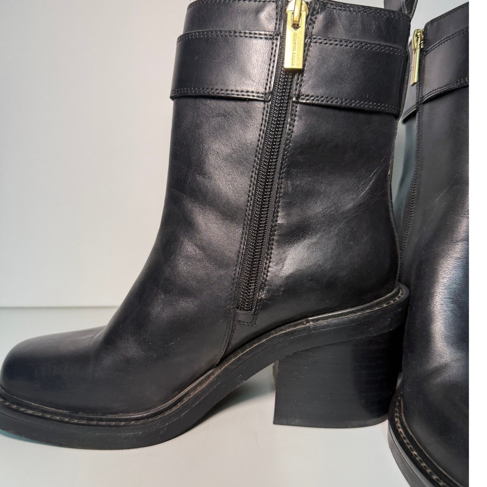 Vince Camuto Black Leather Moto Ankle Boots Gold Buckle Block‎ Heel Square Toe - Picture 10 of 15
